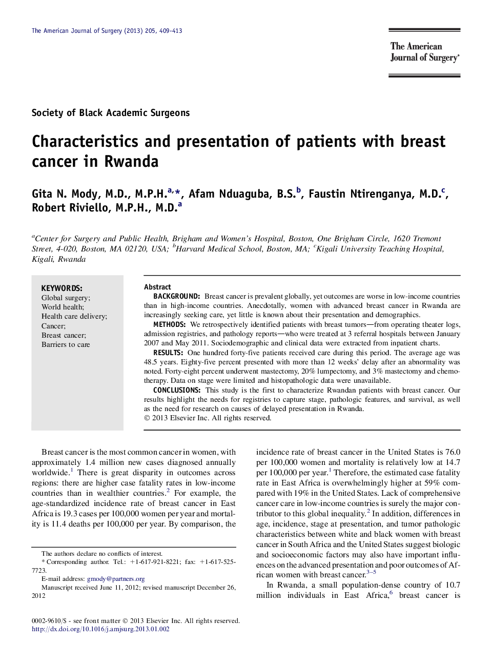 Characteristics and presentation of patients with breast cancer in Rwanda 