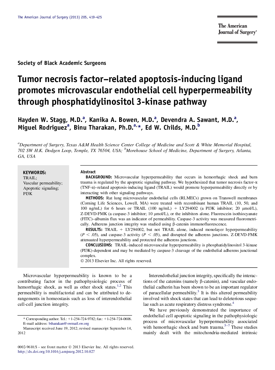 Tumor necrosis factor–related apoptosis-inducing ligand promotes microvascular endothelial cell hyperpermeability through phosphatidylinositol 3-kinase pathway