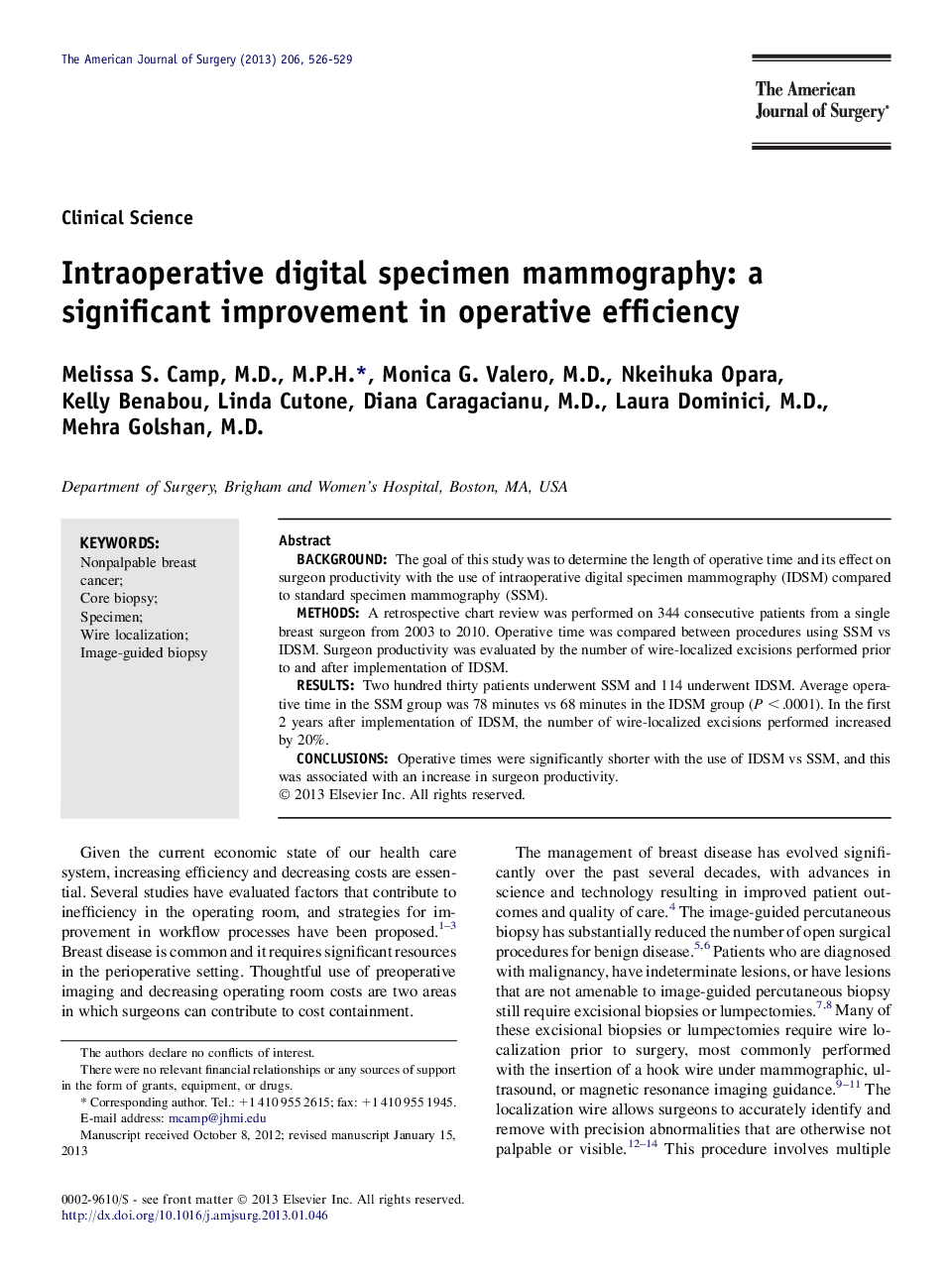 Intraoperative digital specimen mammography: a significant improvement in operative efficiency 