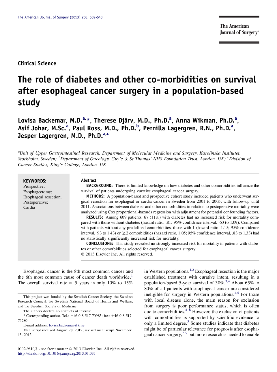 The role of diabetes and other co-morbidities on survival after esophageal cancer surgery in a population-based study 