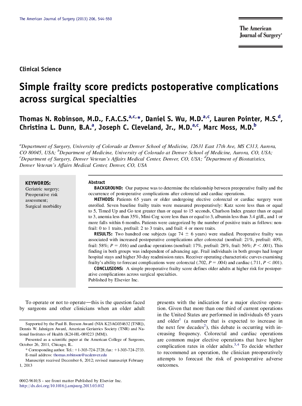 Simple frailty score predicts postoperative complications across surgical specialties 