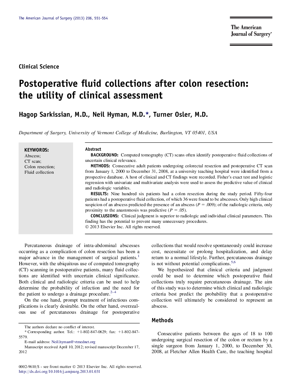 Postoperative fluid collections after colon resection: the utility of clinical assessment 