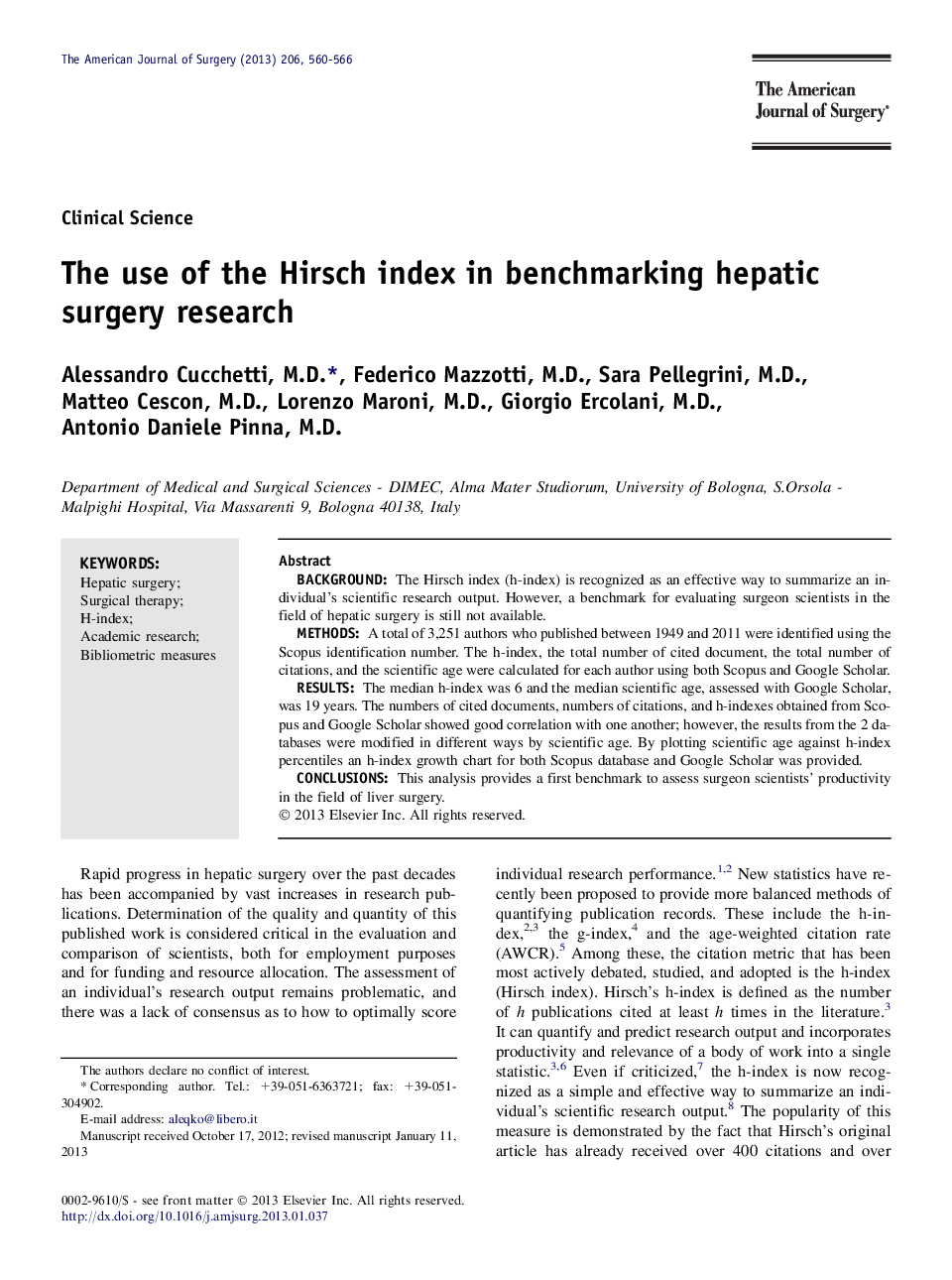 The use of the Hirsch index in benchmarking hepatic surgery research 