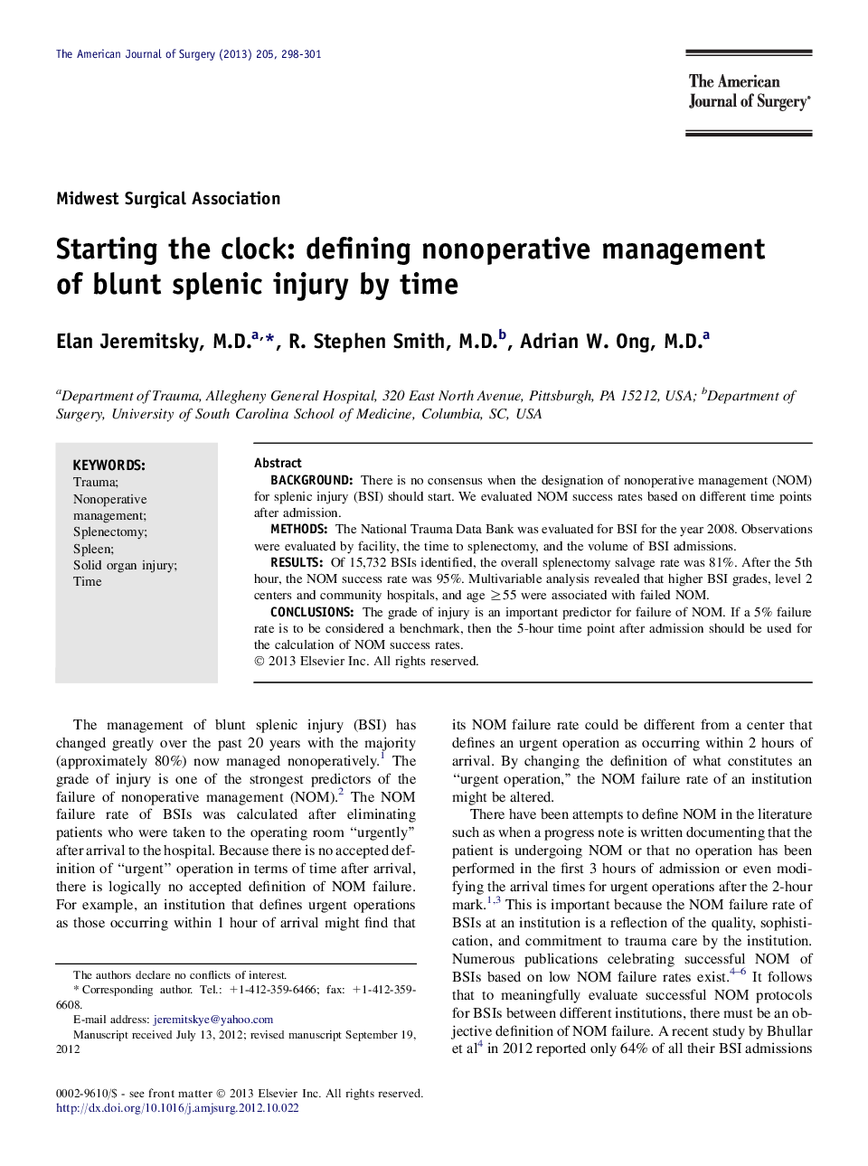 Starting the clock: defining nonoperative management of blunt splenic injury by time 