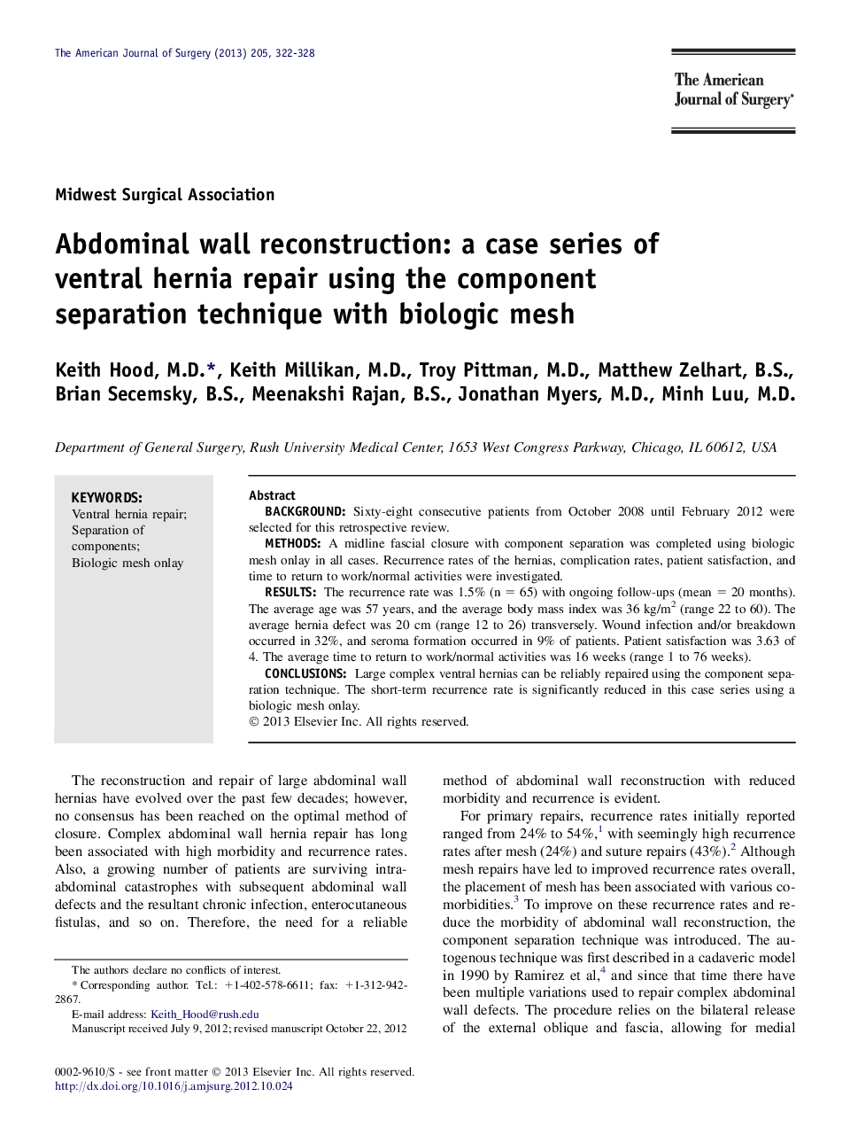 Abdominal wall reconstruction: a case series of ventral hernia repair using the component separation technique with biologic mesh 