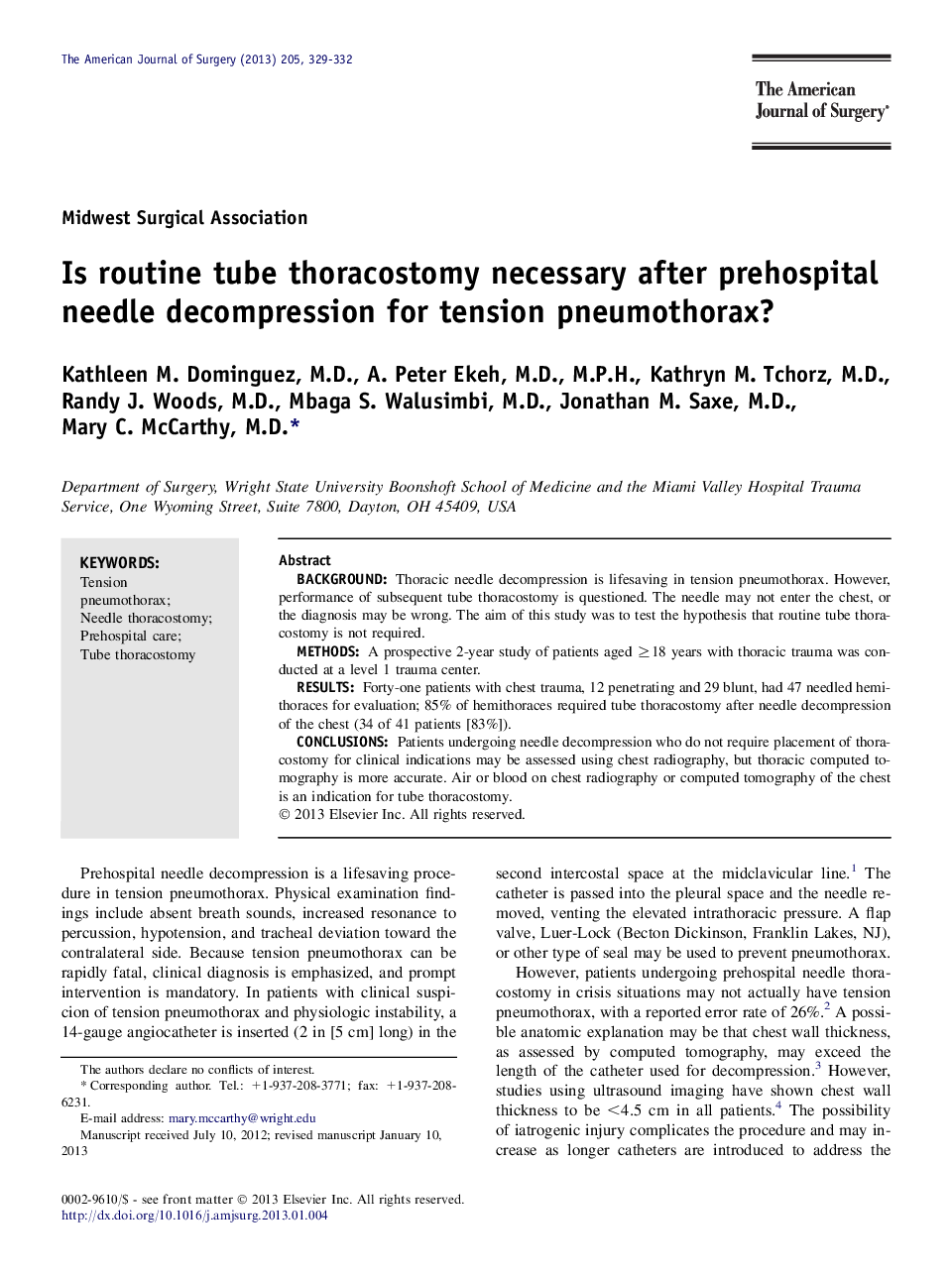 Is routine tube thoracostomy necessary after prehospital needle decompression for tension pneumothorax? 