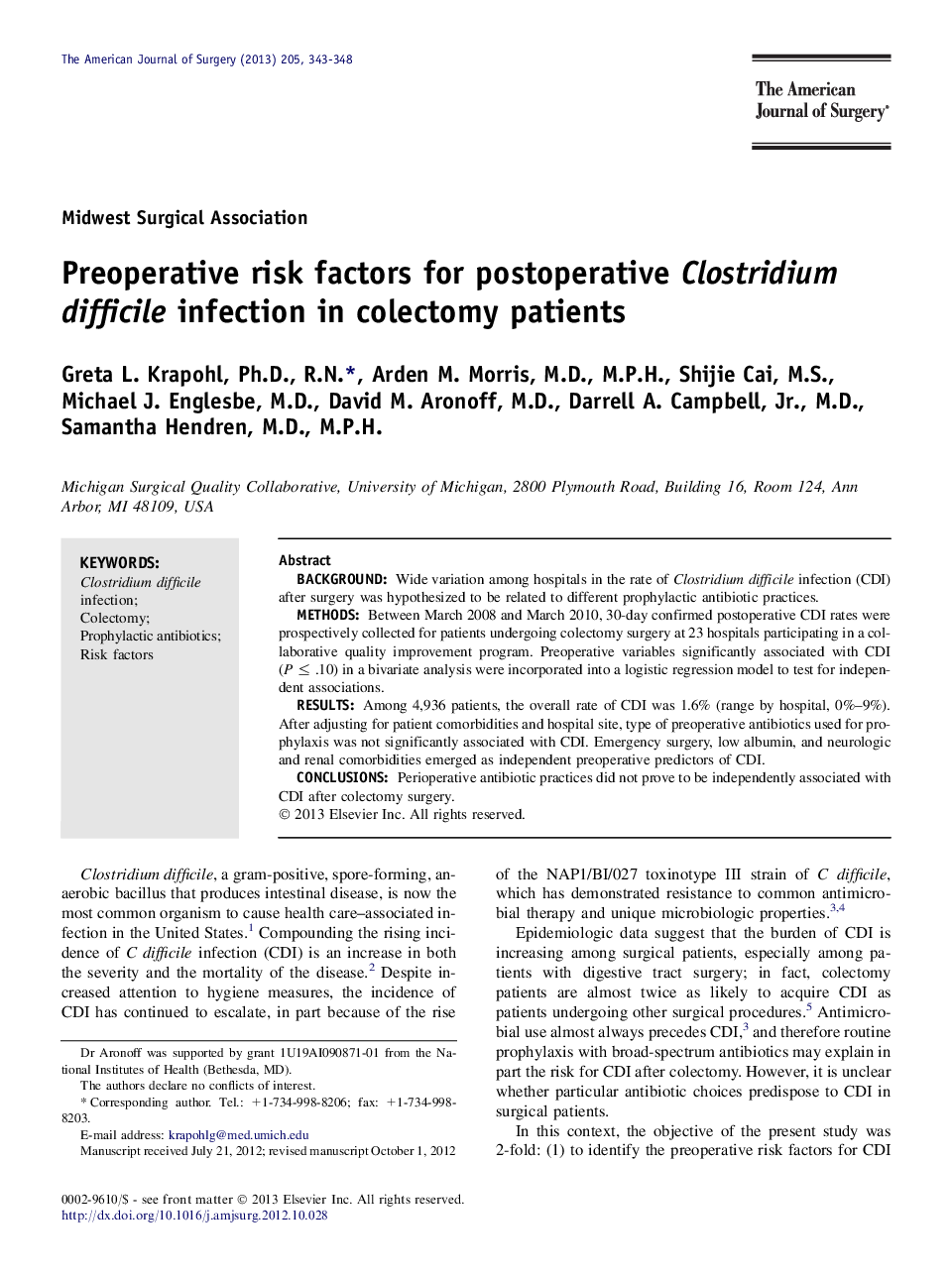 Preoperative risk factors for postoperative Clostridium difficile infection in colectomy patients 