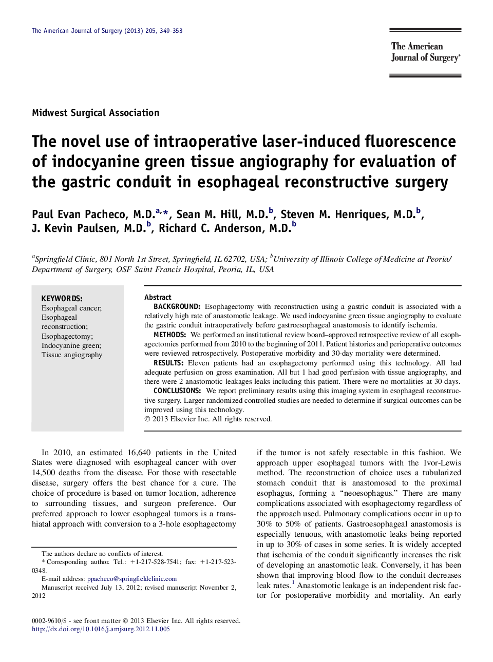 The novel use of intraoperative laser-induced fluorescence of indocyanine green tissue angiography for evaluation of the gastric conduit in esophageal reconstructive surgery 