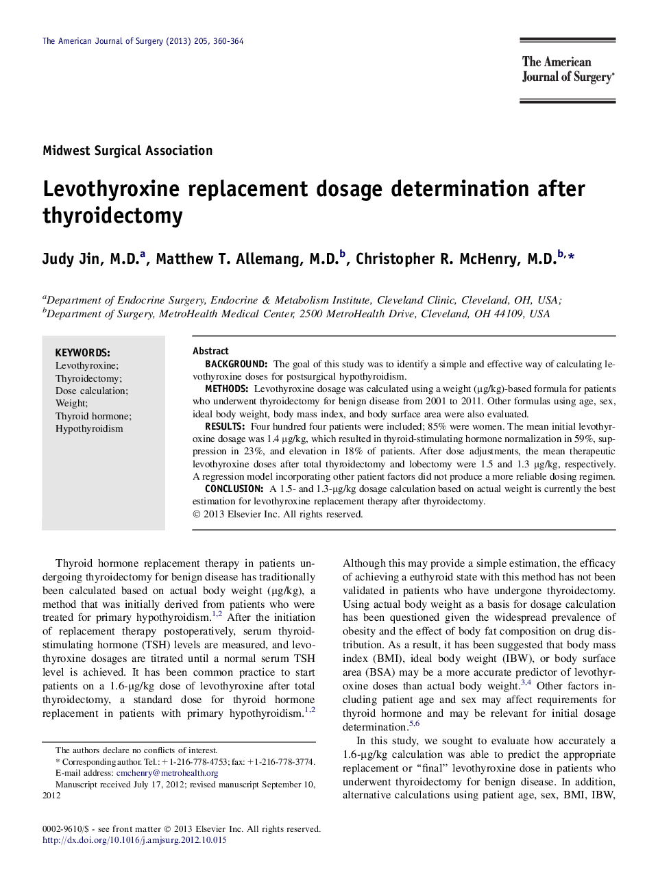 Levothyroxine replacement dosage determination after thyroidectomy 