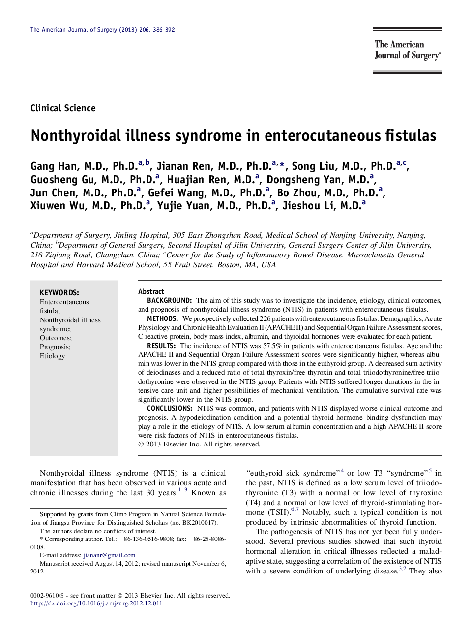 Nonthyroidal illness syndrome in enterocutaneous fistulas 