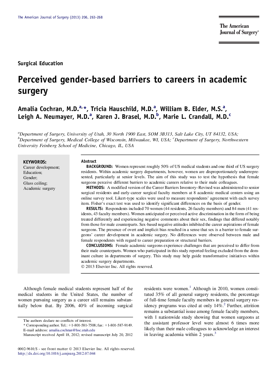 Perceived gender-based barriers to careers in academic surgery 