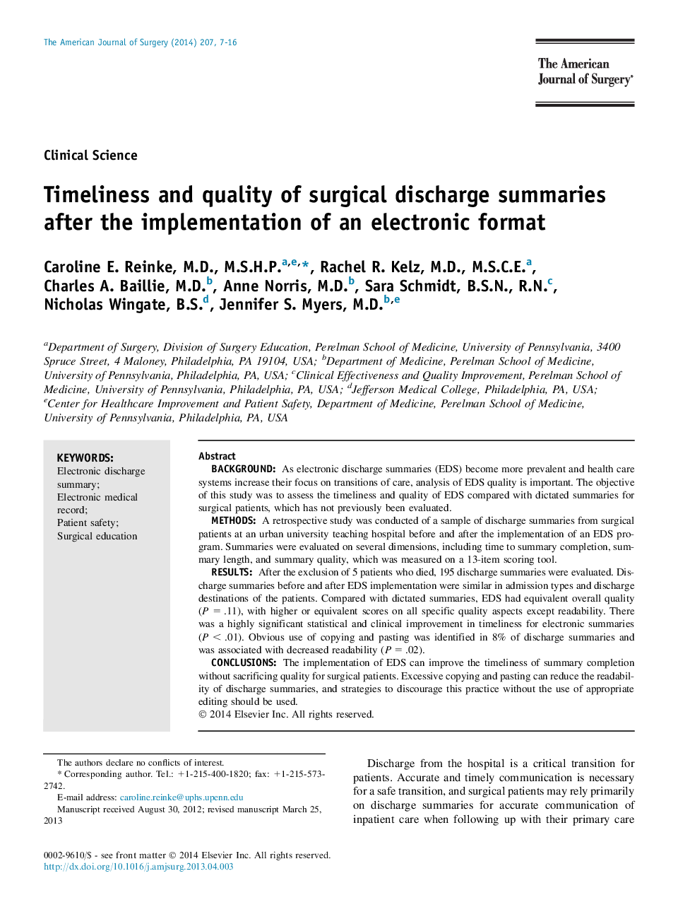 Timeliness and quality of surgical discharge summaries after the implementation of an electronic format 