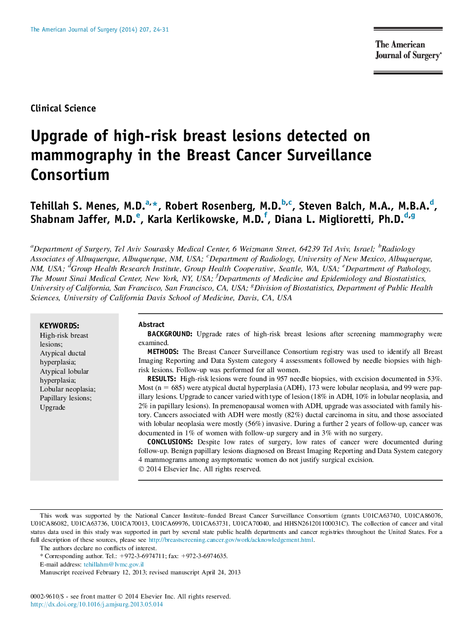 Upgrade of high-risk breast lesions detected on mammography in the Breast Cancer Surveillance Consortium 