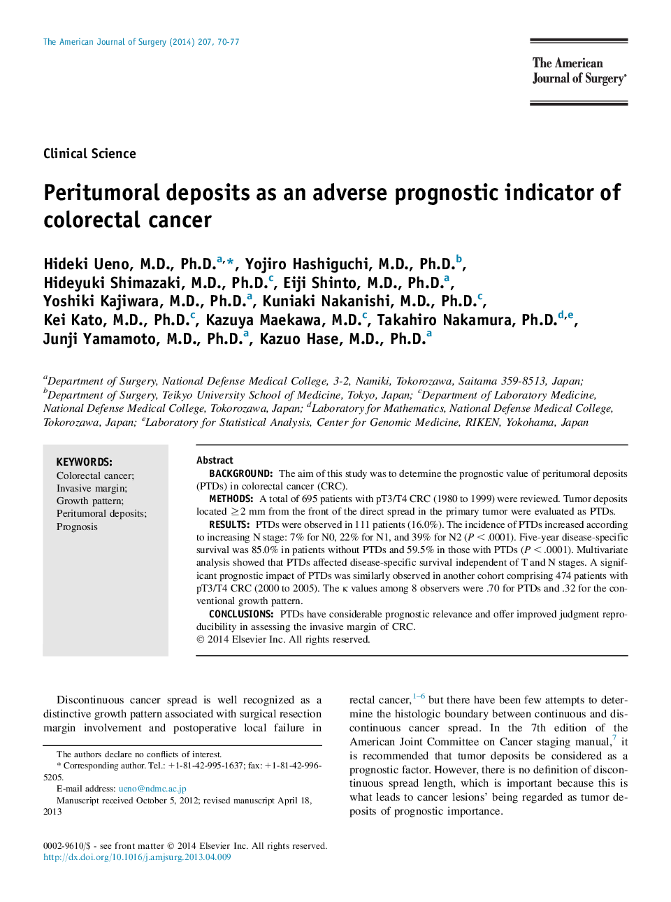 Peritumoral deposits as an adverse prognostic indicator of colorectal cancer 