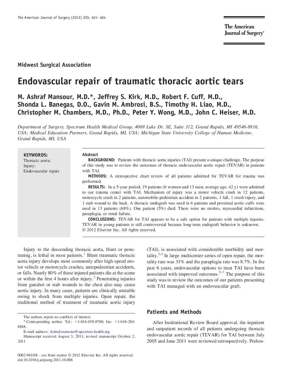 Endovascular repair of traumatic thoracic aortic tears 