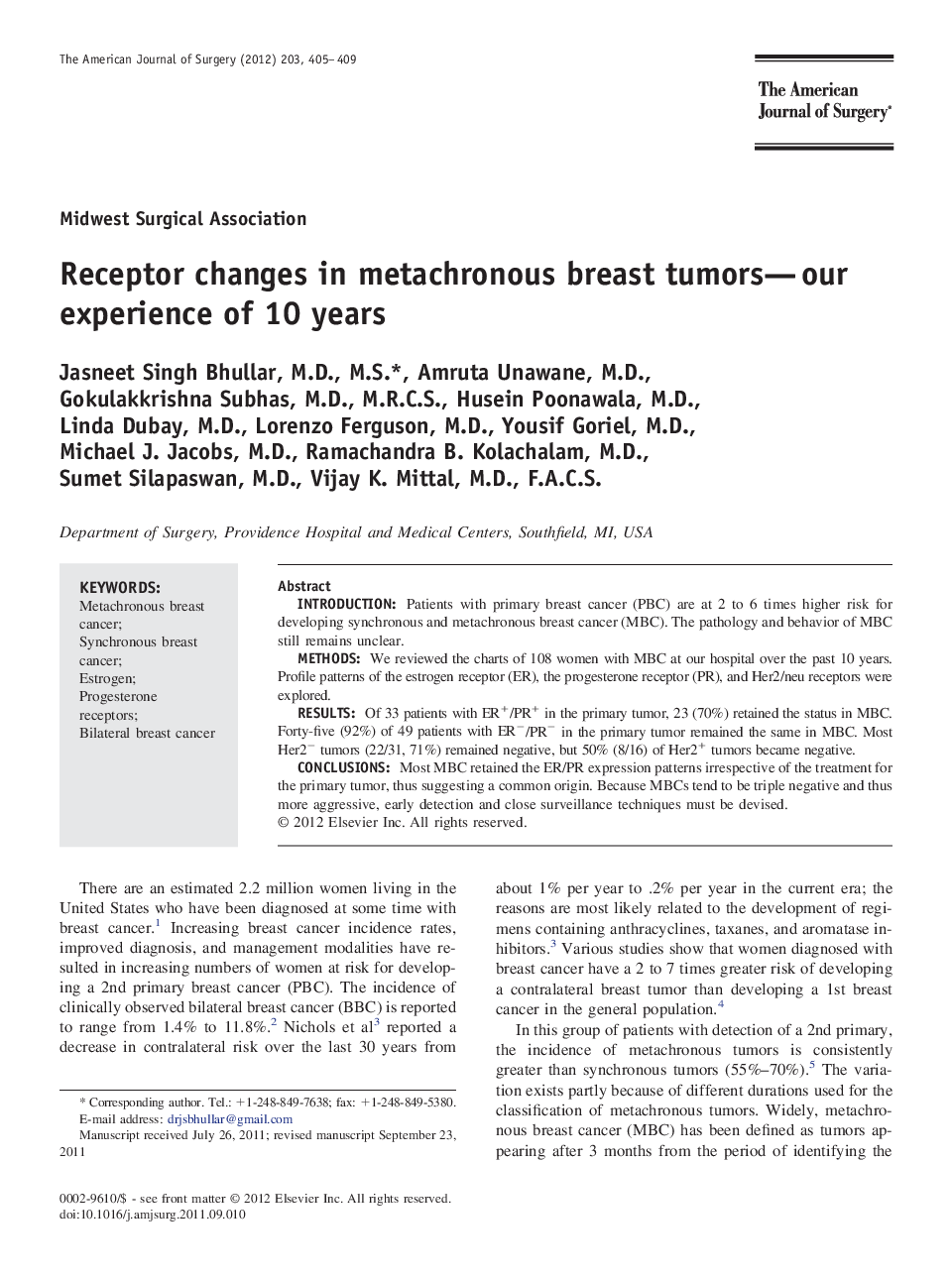 Receptor changes in metachronous breast tumors—our experience of 10 years