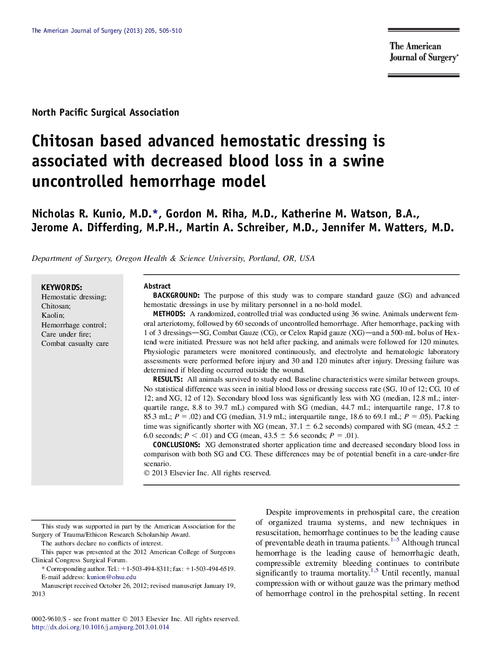 Chitosan based advanced hemostatic dressing is associated with decreased blood loss in a swine uncontrolled hemorrhage model 