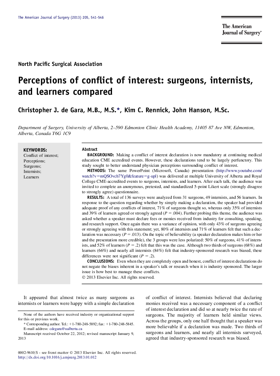 Perceptions of conflict of interest: surgeons, internists, and learners compared 