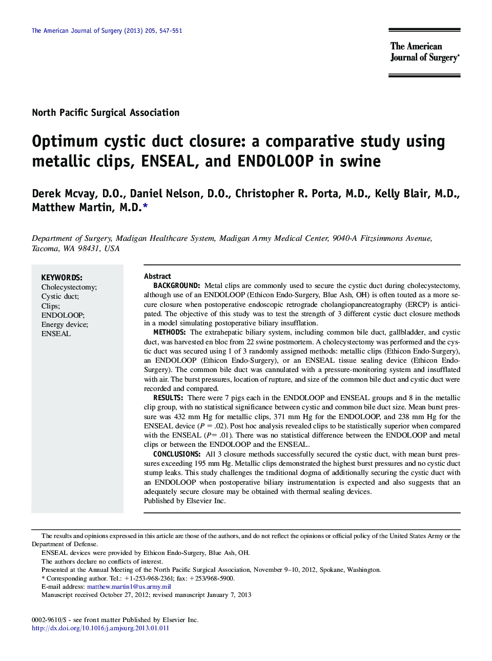 Optimum cystic duct closure: a comparative study using metallic clips, ENSEAL, and ENDOLOOP in swine 