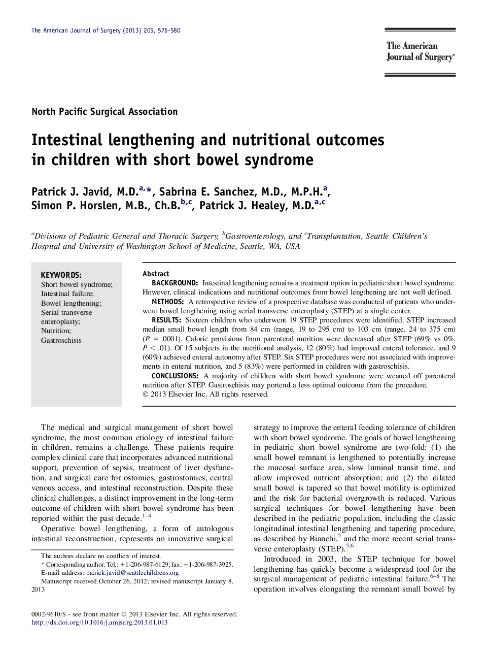 Intestinal lengthening and nutritional outcomes in children with short bowel syndrome 