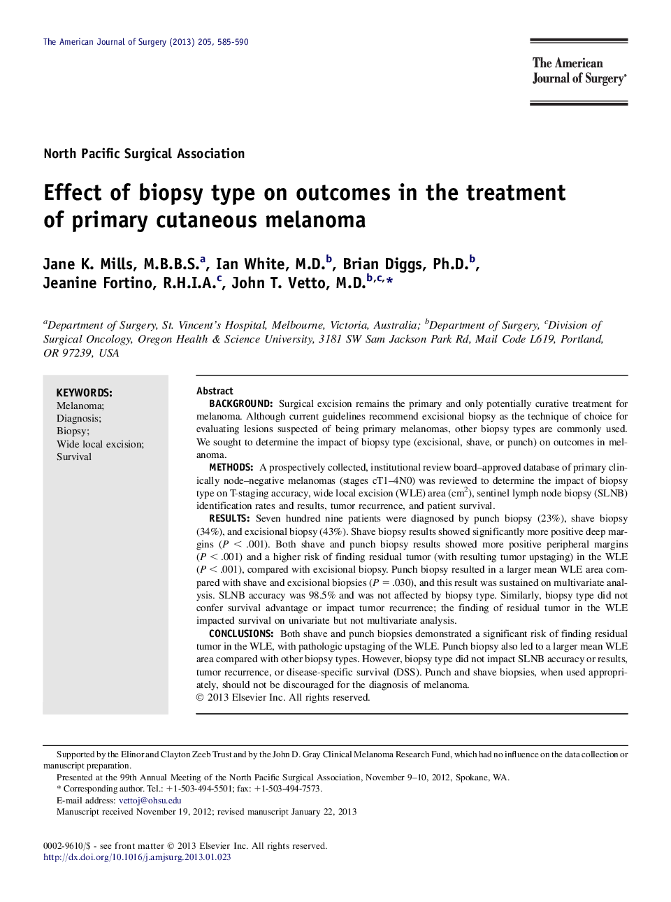 Effect of biopsy type on outcomes in the treatment of primary cutaneous melanoma 