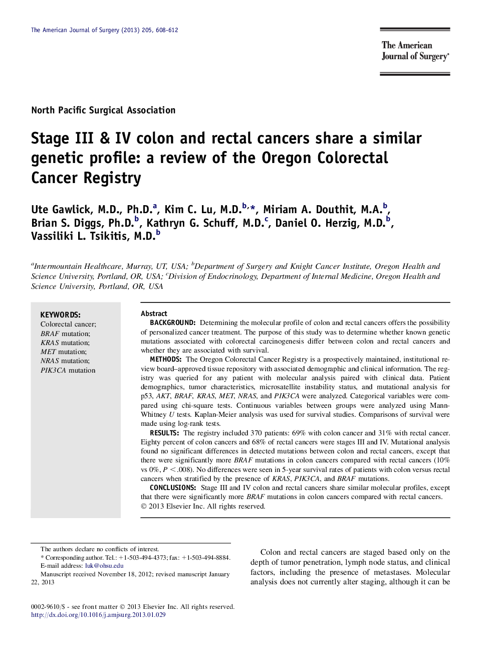 Stage III & IV colon and rectal cancers share a similar genetic profile: a review of the Oregon Colorectal Cancer Registry 