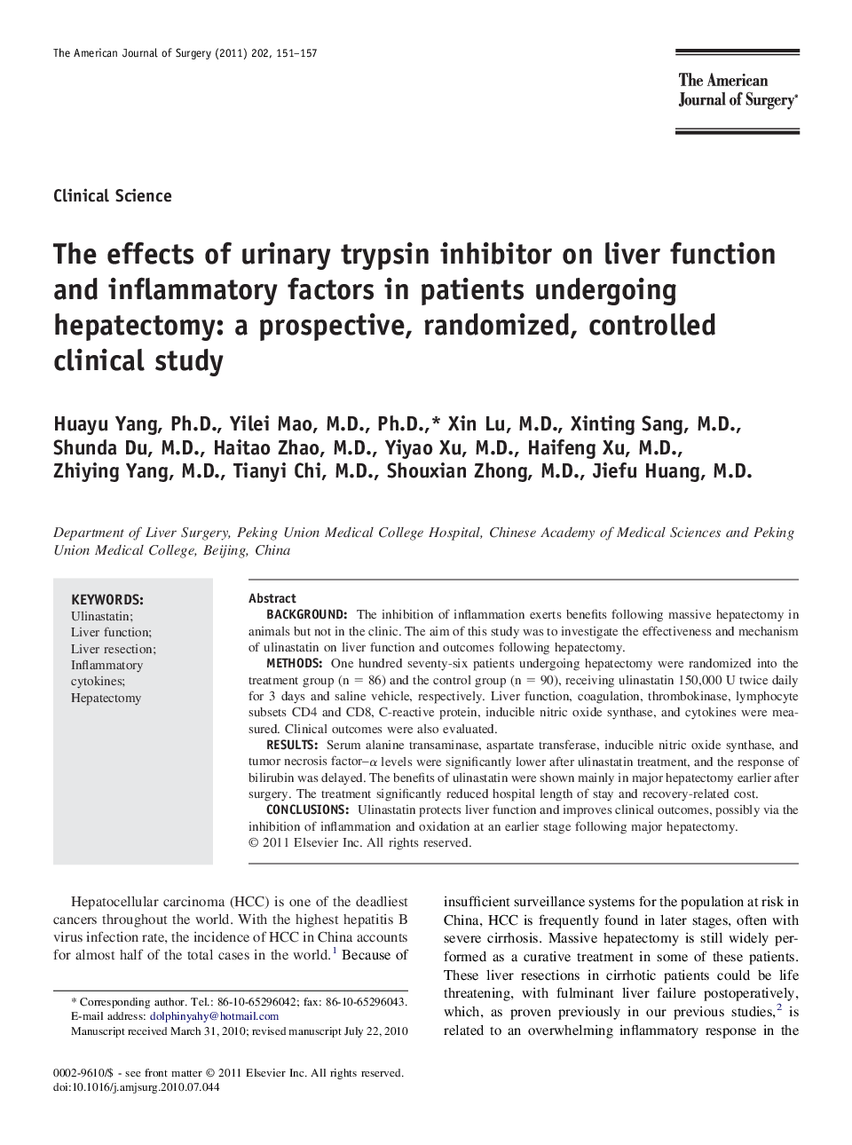 The effects of urinary trypsin inhibitor on liver function and inflammatory factors in patients undergoing hepatectomy: a prospective, randomized, controlled clinical study