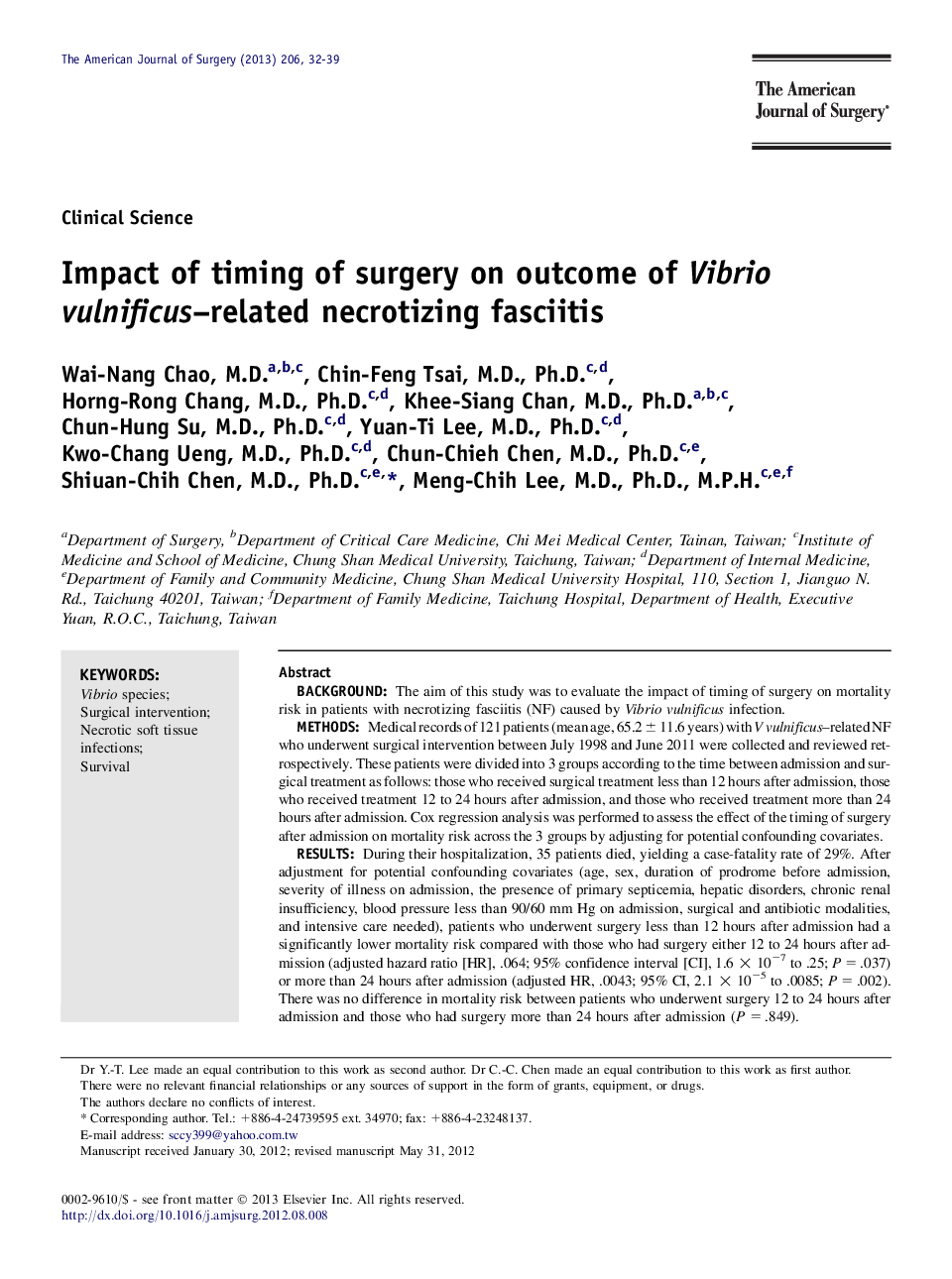 Impact of timing of surgery on outcome of Vibrio vulnificus–related necrotizing fasciitis 