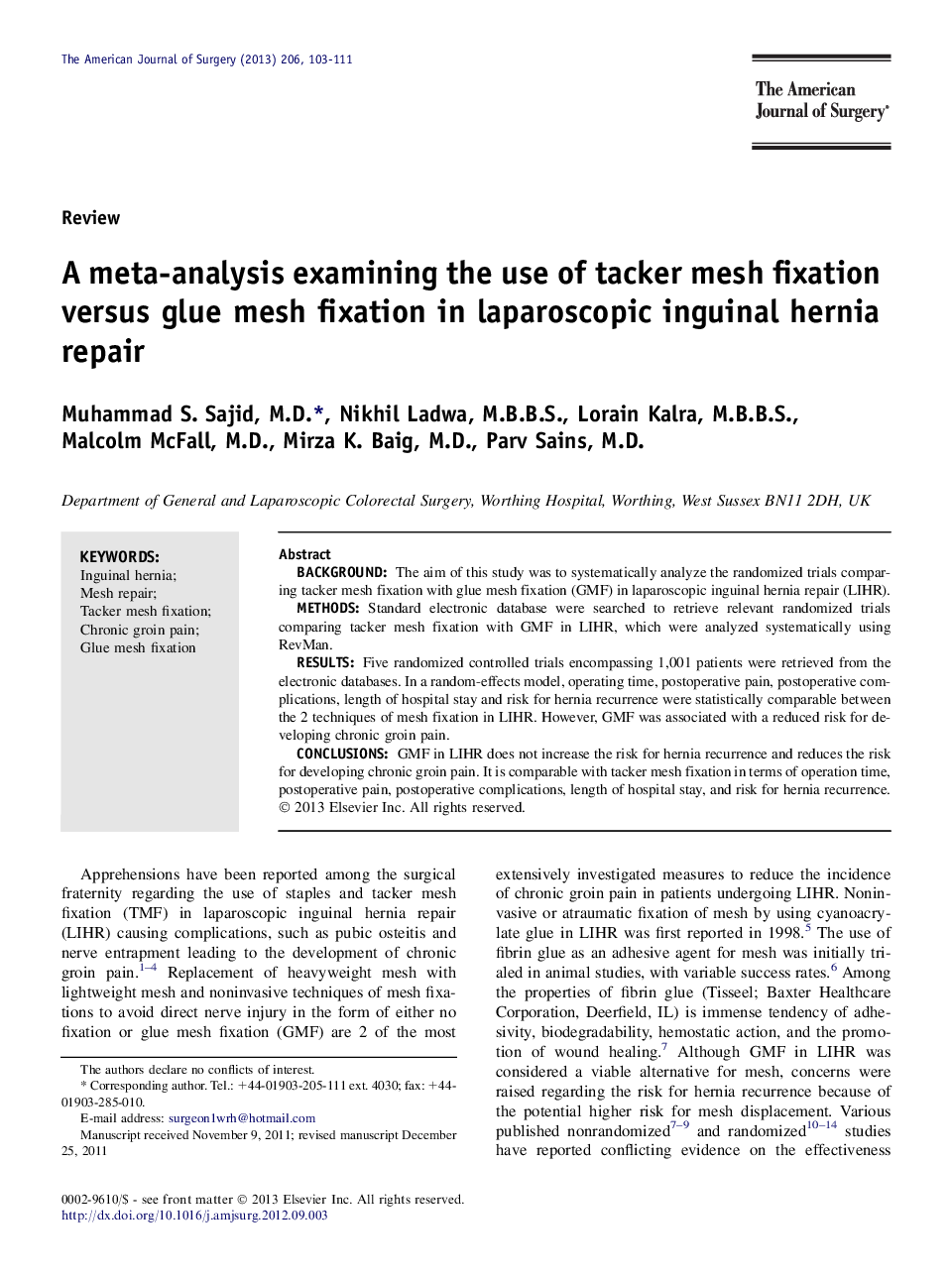 A meta-analysis examining the use of tacker mesh fixation versus glue mesh fixation in laparoscopic inguinal hernia repair 