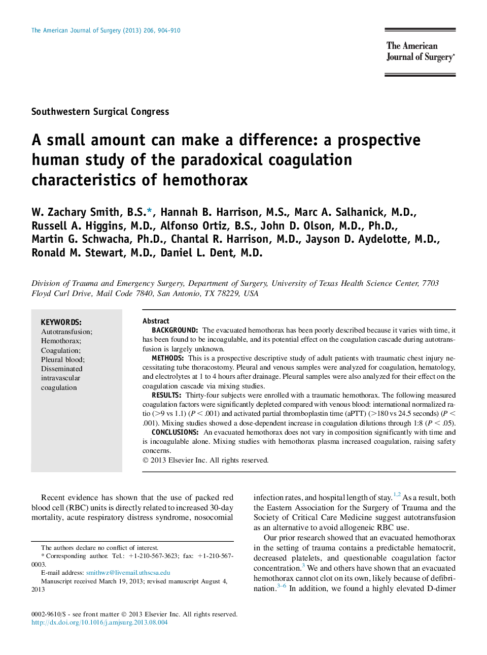 A small amount can make a difference: a prospective human study of the paradoxical coagulation characteristics of hemothorax 