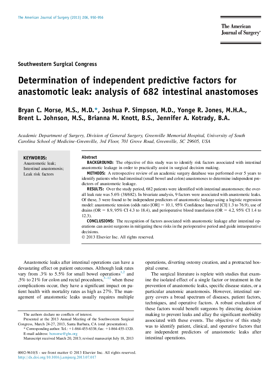 Determination of independent predictive factors for anastomotic leak: analysis of 682 intestinal anastomoses 