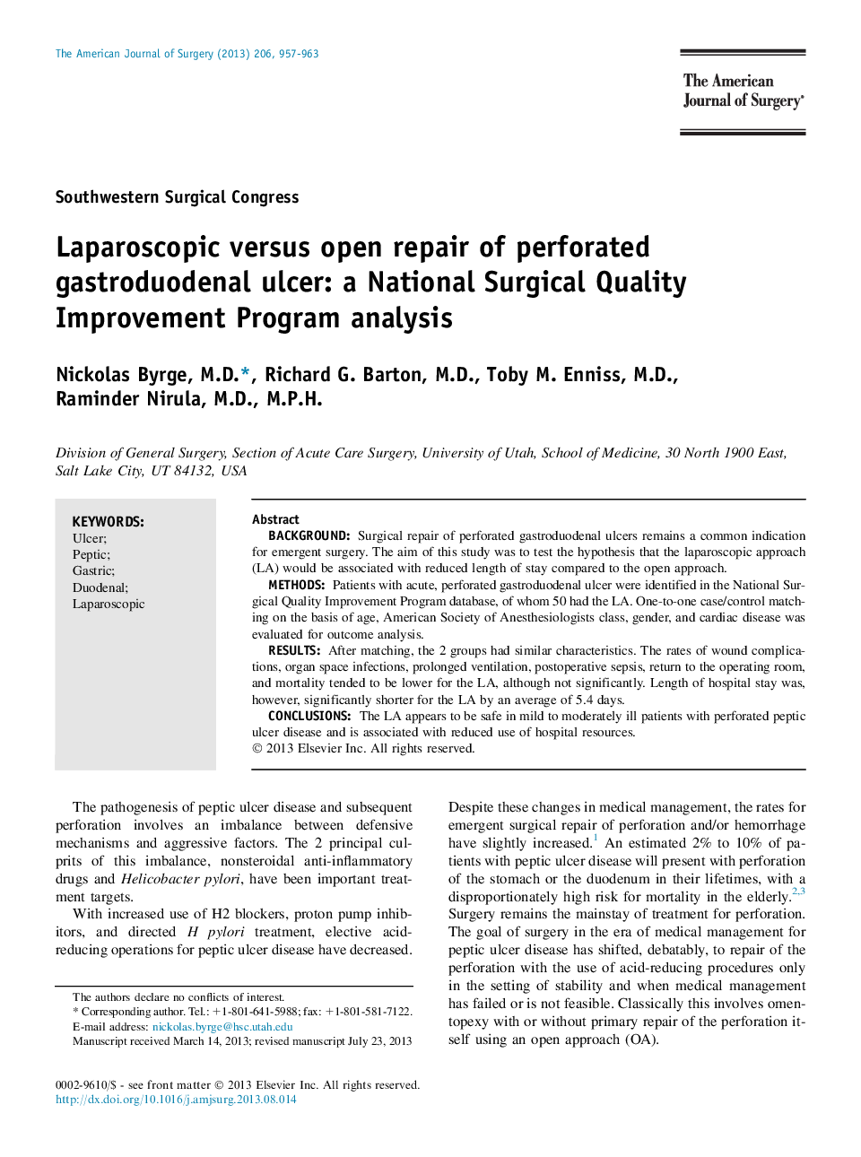 Laparoscopic versus open repair of perforated gastroduodenal ulcer: a National Surgical Quality Improvement Program analysis 