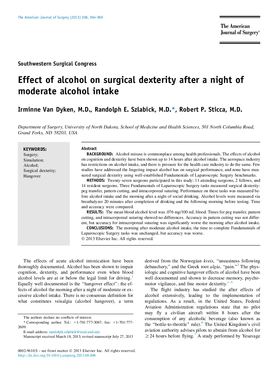 Effect of alcohol on surgical dexterity after a night of moderate alcohol intake 