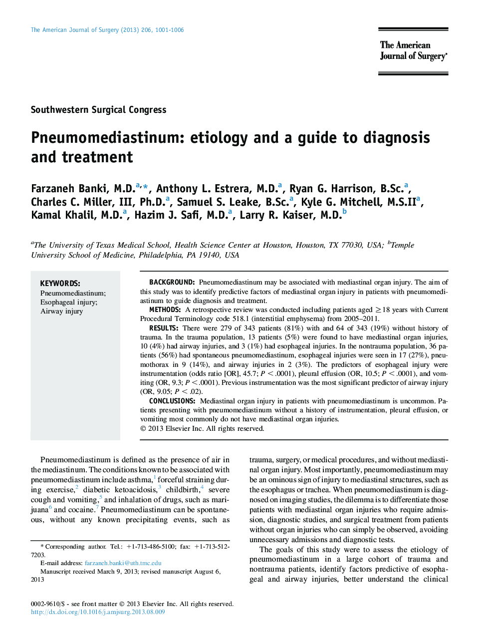 Pneumomediastinum: etiology and a guide to diagnosis and treatment