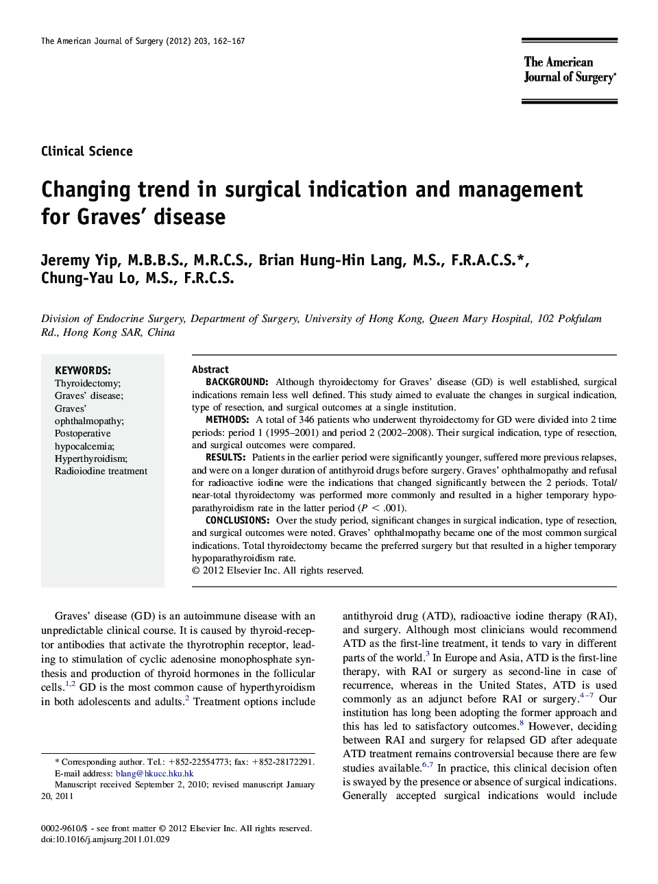 Changing trend in surgical indication and management for Graves' disease