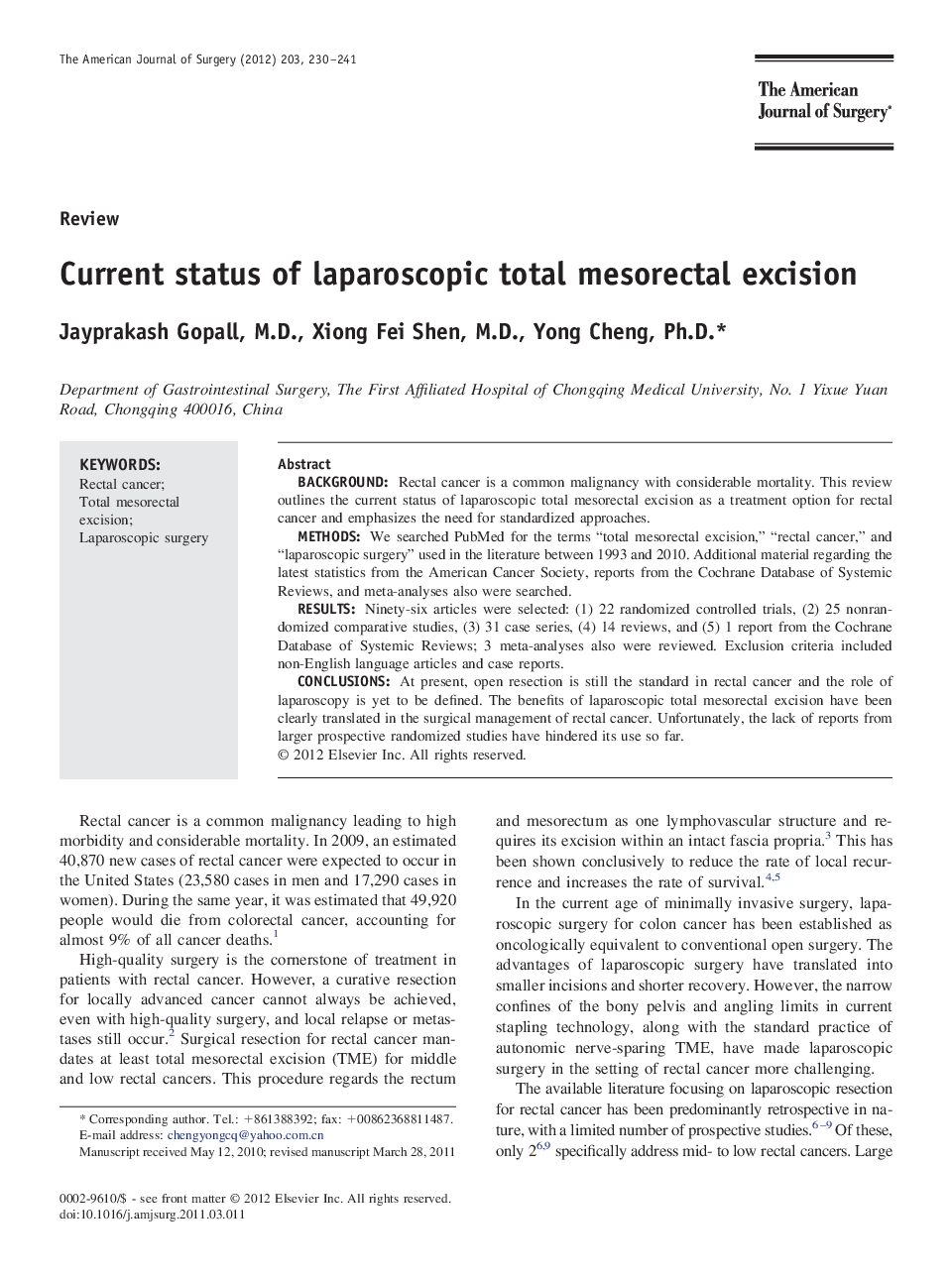 Current status of laparoscopic total mesorectal excision