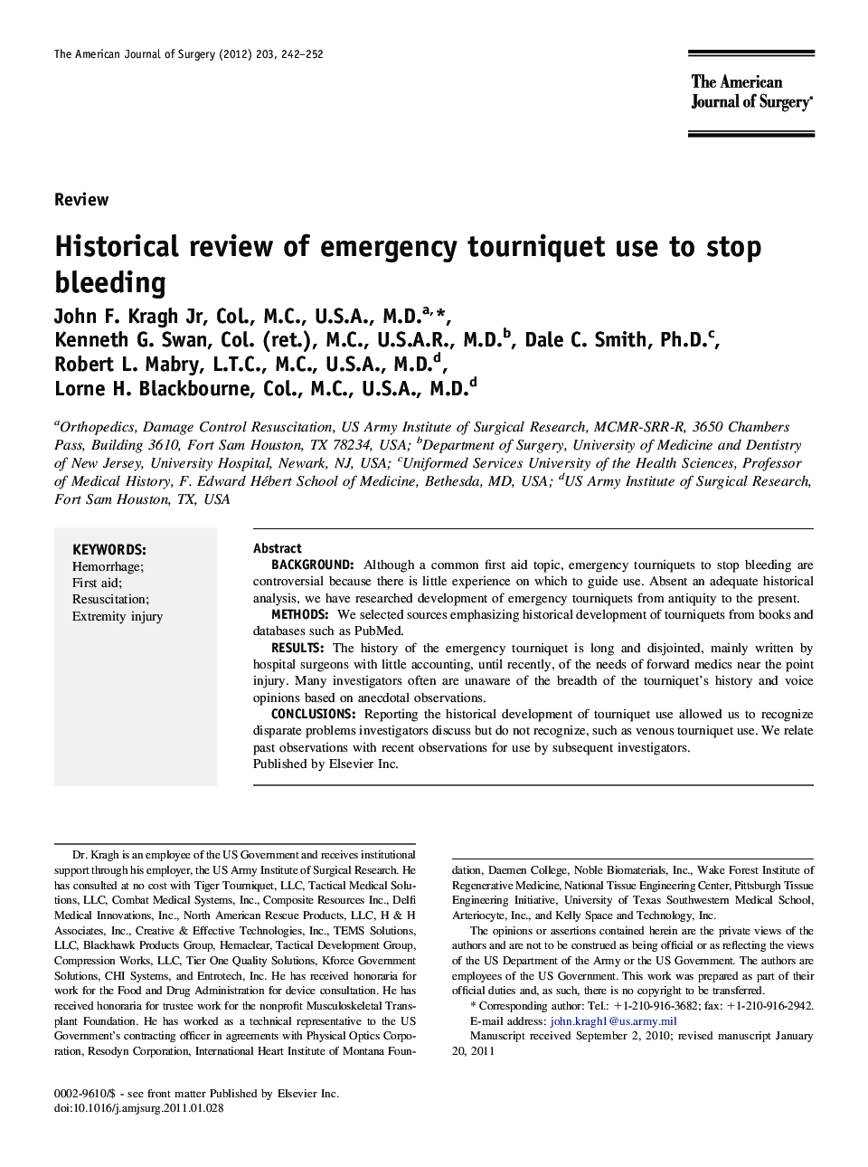 Historical review of emergency tourniquet use to stop bleeding 
