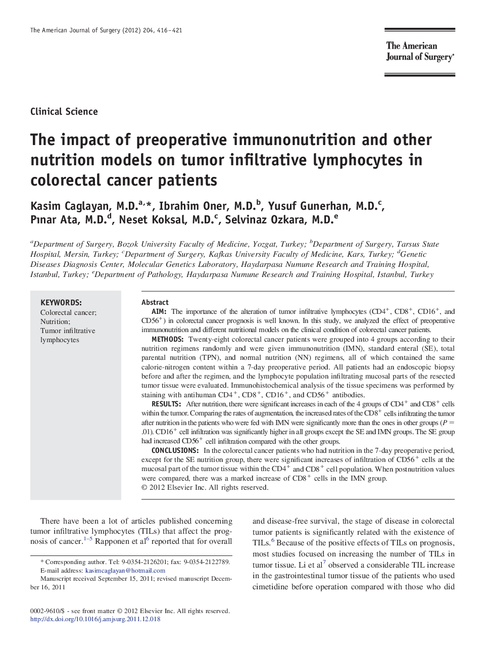 The impact of preoperative immunonutrition and other nutrition models on tumor infiltrative lymphocytes in colorectal cancer patients