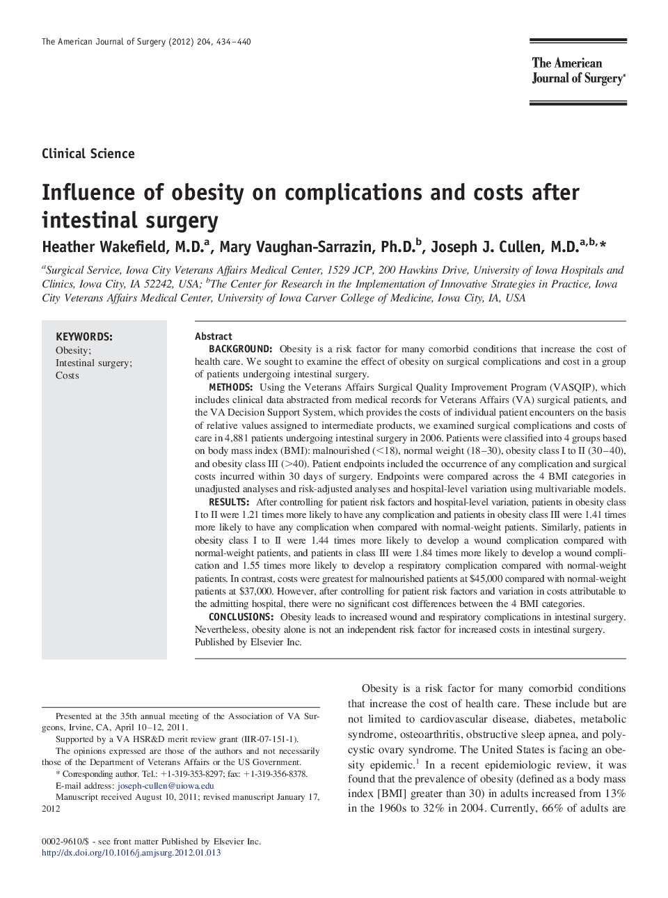 Influence of obesity on complications and costs after intestinal surgery 