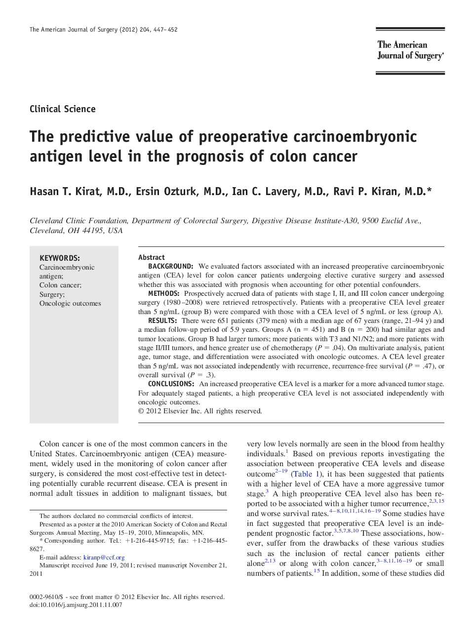 The predictive value of preoperative carcinoembryonic antigen level in the prognosis of colon cancer 