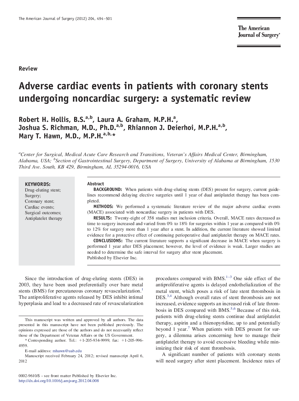 Adverse cardiac events in patients with coronary stents undergoing noncardiac surgery: a systematic review 