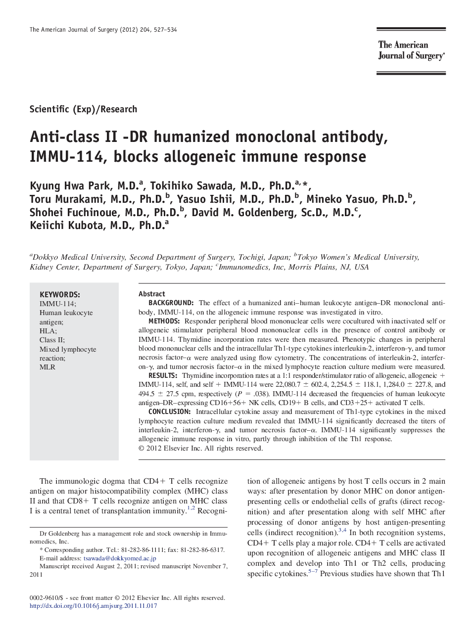 Anti-class II -DR humanized monoclonal antibody, IMMU-114, blocks allogeneic immune response