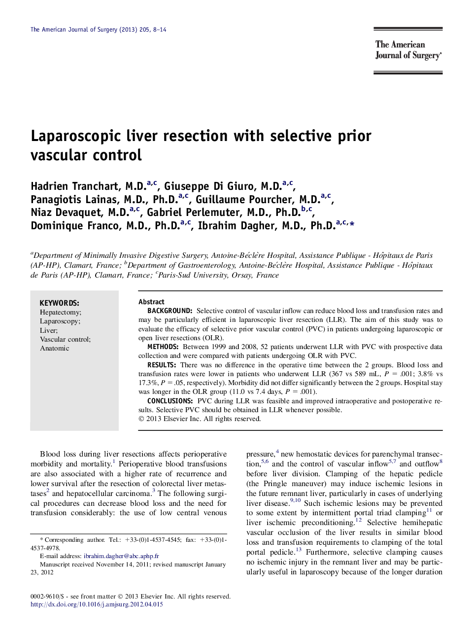 Laparoscopic liver resection with selective prior vascular control