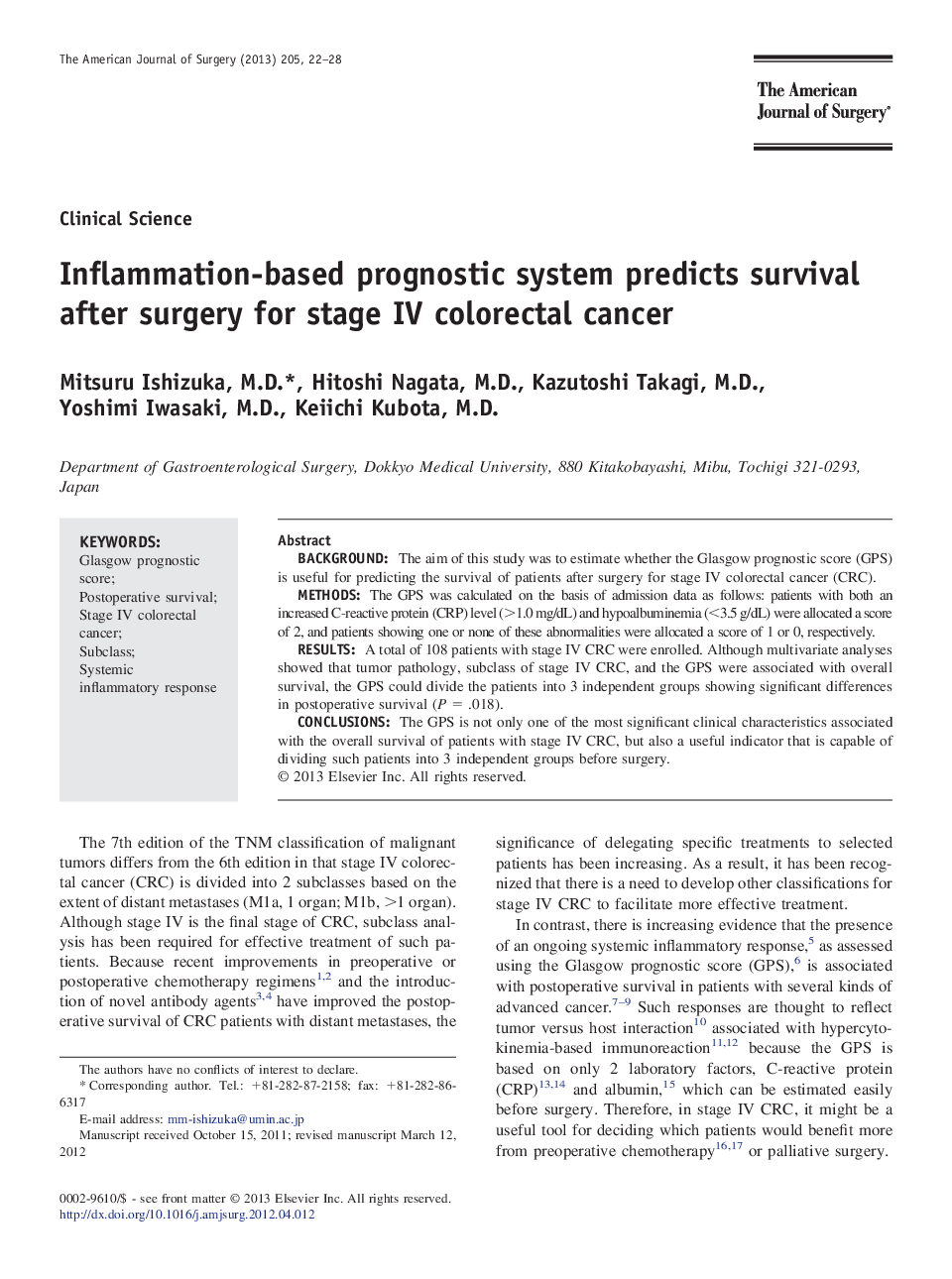 Inflammation-based prognostic system predicts survival after surgery for stage IV colorectal cancer 