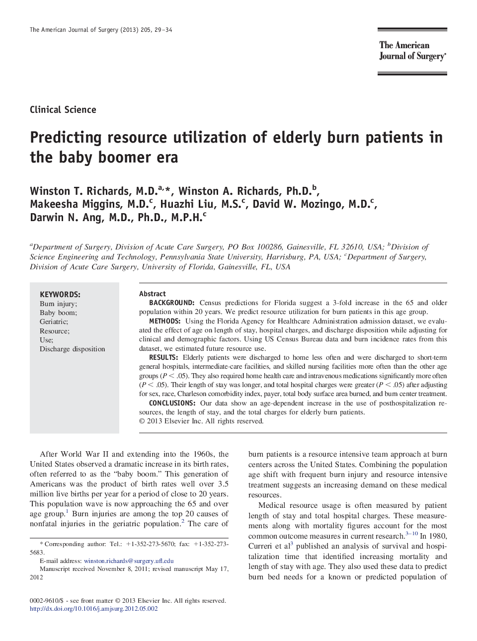 Predicting resource utilization of elderly burn patients in the baby boomer era