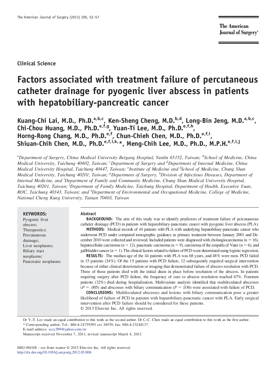 Factors associated with treatment failure of percutaneous catheter drainage for pyogenic liver abscess in patients with hepatobiliary-pancreatic cancer 