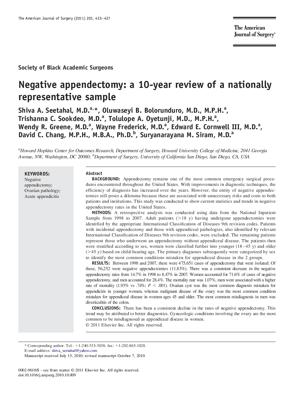 Negative appendectomy: a 10-year review of a nationally representative sample