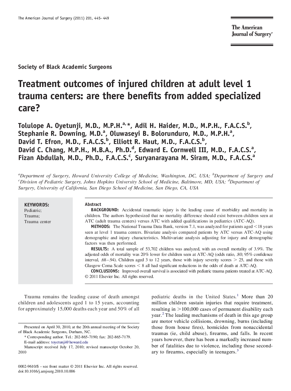 Treatment outcomes of injured children at adult level 1 trauma centers: are there benefits from added specialized care?
