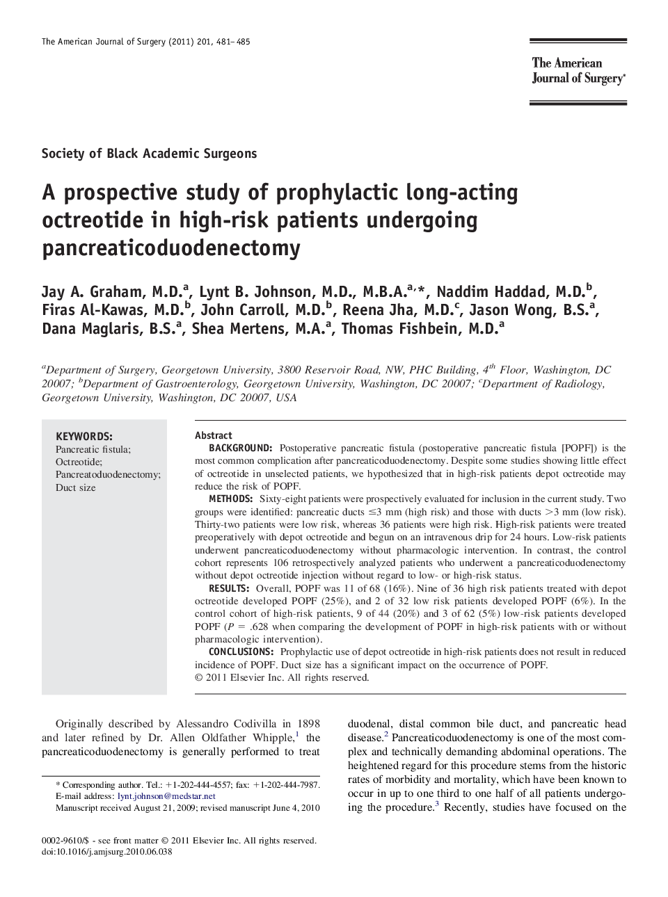 عکس صفحه اول مقاله: A prospective study of prophylactic long-acting octreotide in high-risk patients undergoing pancreaticoduodenectomy A prospective study of prophylactic long-acting octreotide in high-risk patients undergoing pancreaticoduodenectomy