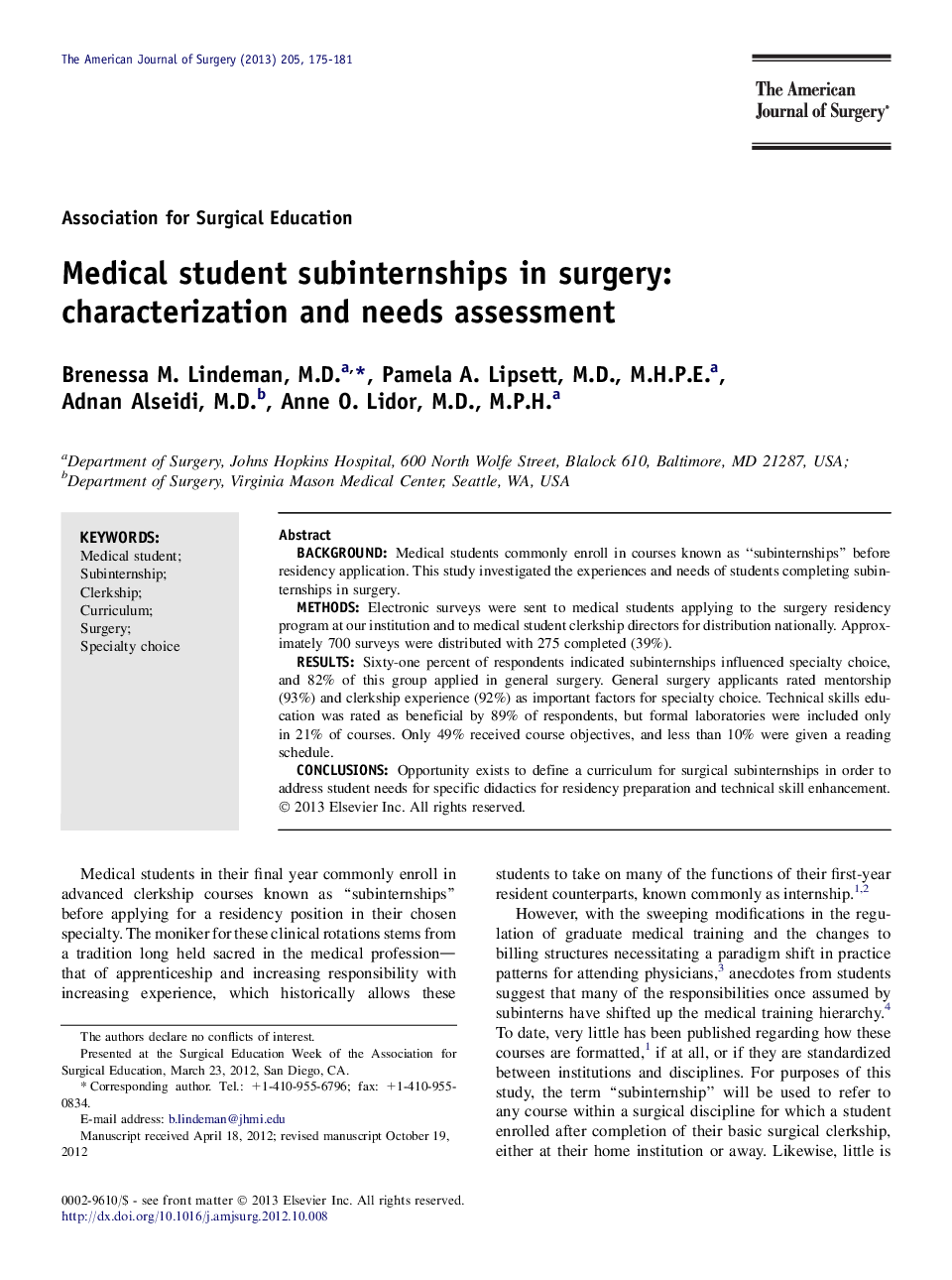 Medical student subinternships in surgery: characterization and needs assessment 